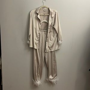 Women's Feather Trim Silk Satin Pajama Button Down Long Sleeve and Pants Set